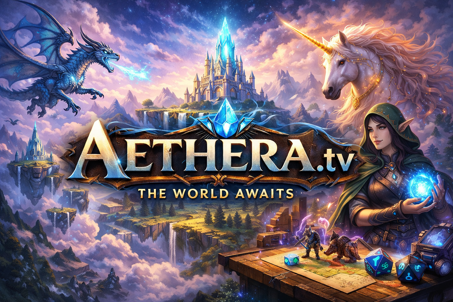 Fantasy adventurers gather around a glowing tabletop map.