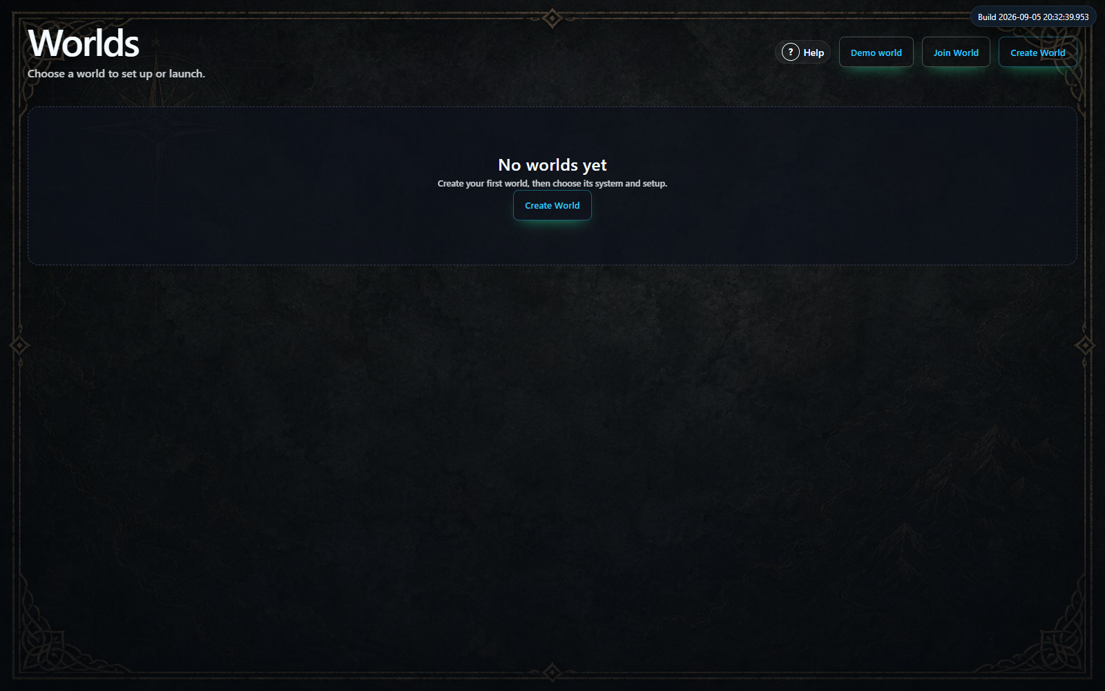 Worlds launcher with Create World in the upper-right corner.