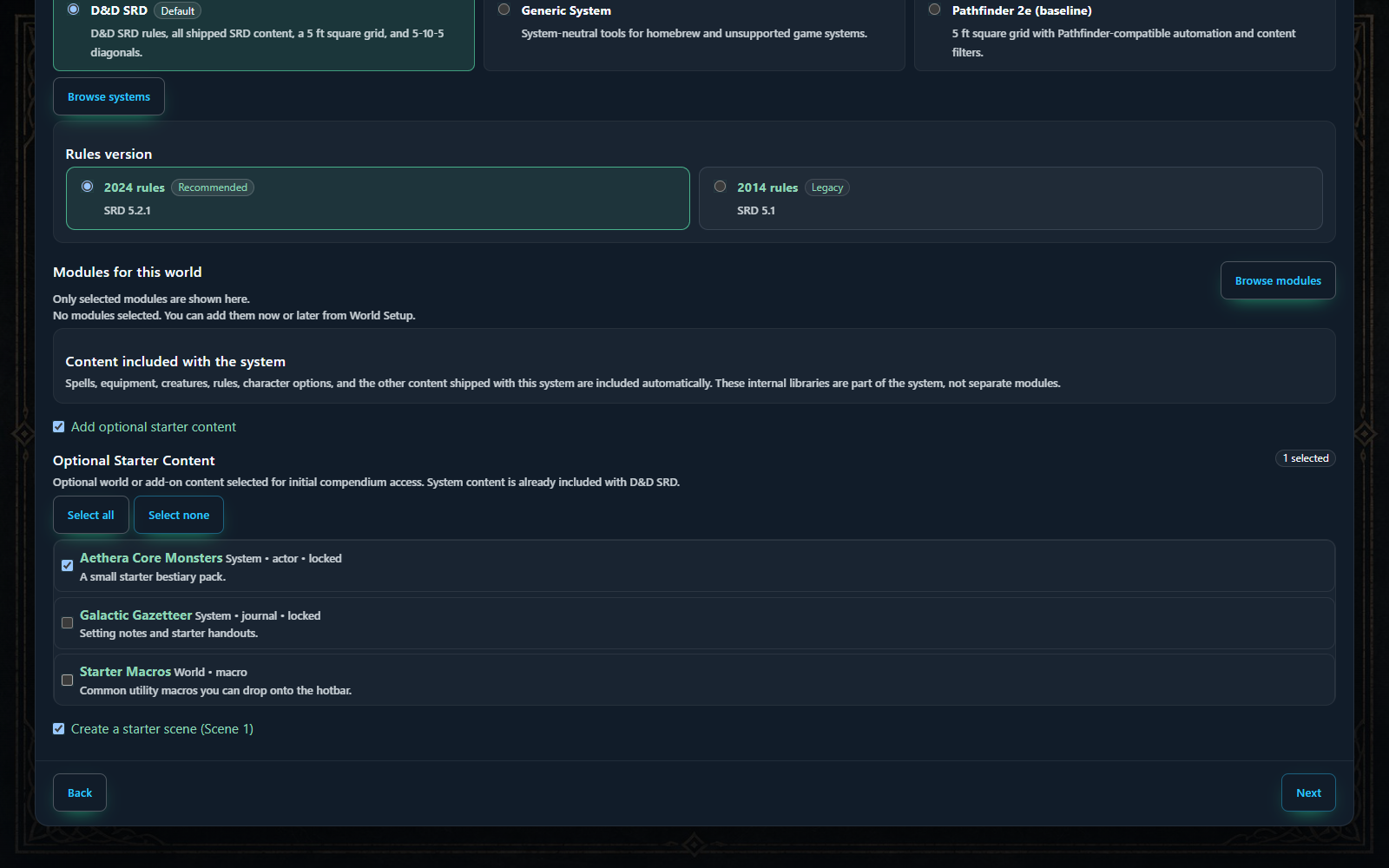 The system step distinguishes the game system, rules version, and optional modules.