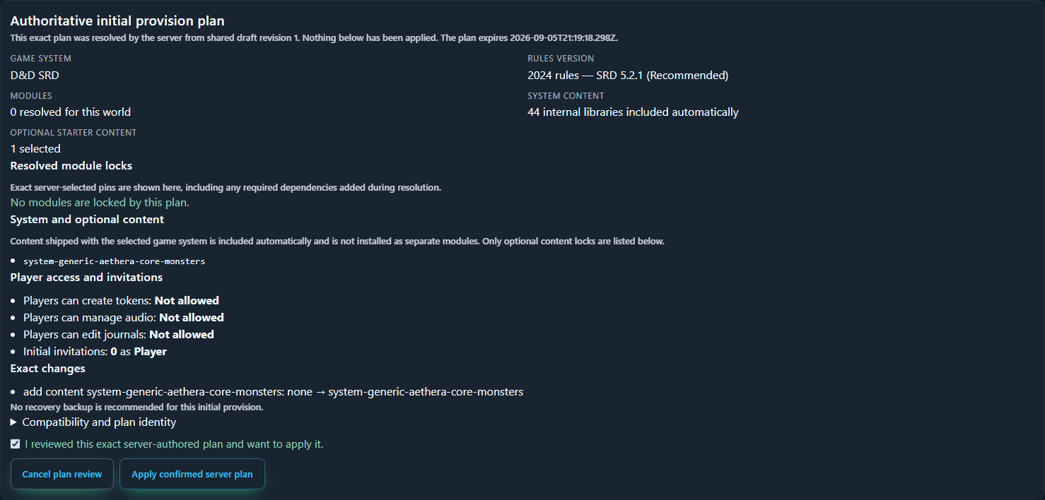 The final setup plan requires a checked review box before Apply confirmed server plan becomes available.