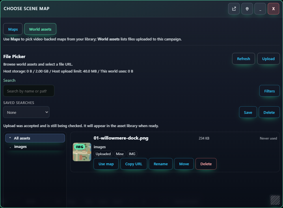 World assets contains the uploaded PNG and its Use map button.