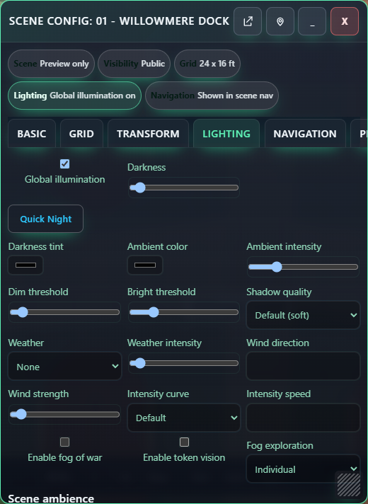 The Lighting tab contains separate fog-of-war and token-vision switches.