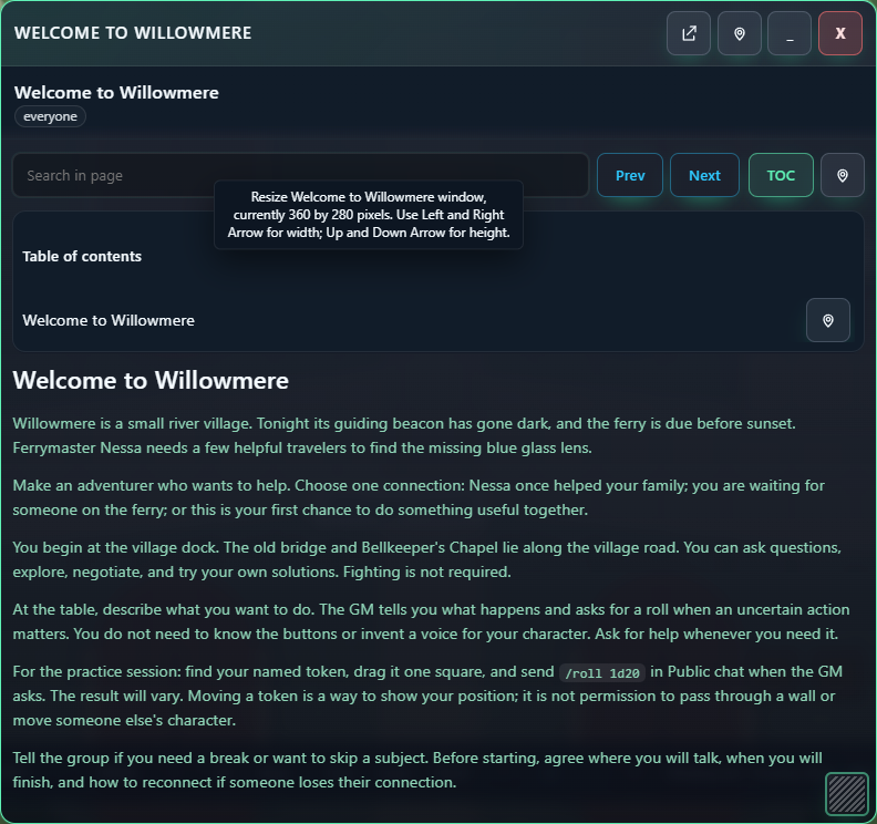 The separate player handout can be read by the player account.