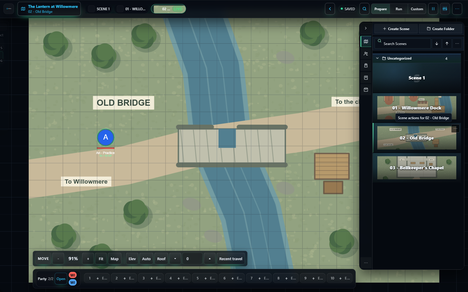 The GM's bridge scene is Live after activation and contains the practice hero.