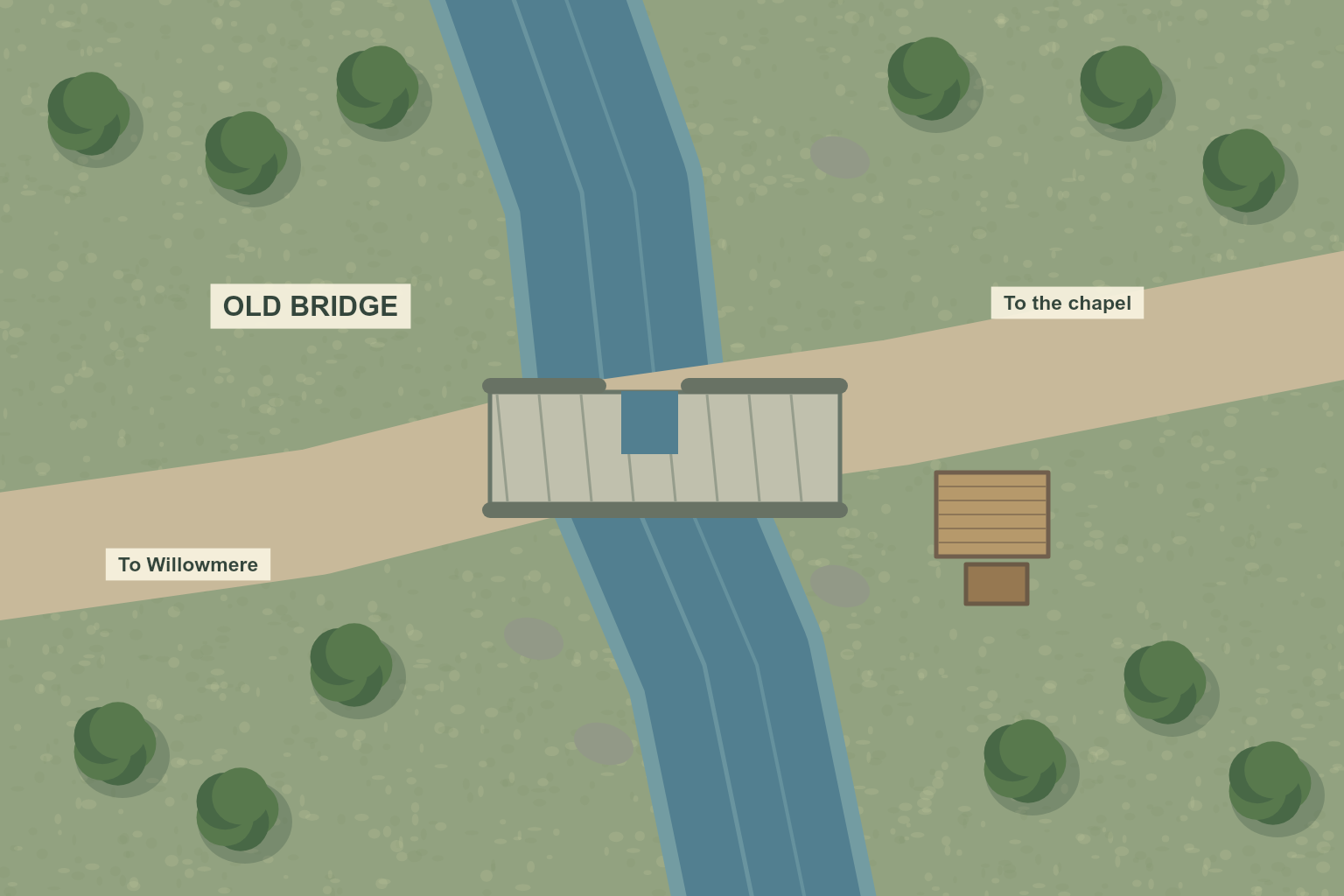 The original Old Bridge map includes a damaged crossing and a roadside cart.